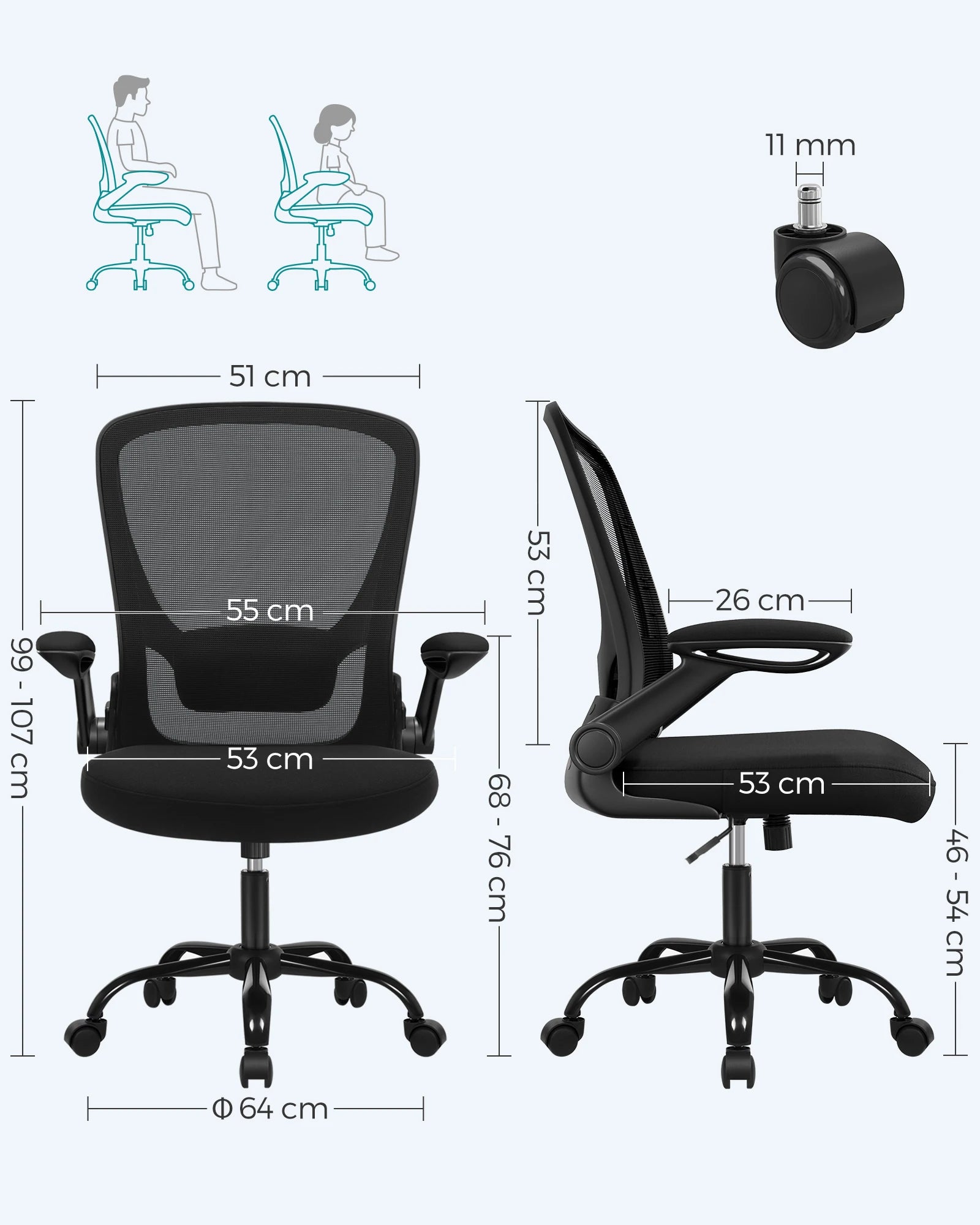 Silla de oficina SONGMICS, silla de escritorio de malla, silla ergonómica para ordenador, soporte lumbar, mecedora, ancho del asiento 53 cm, reposabrazos abatibles