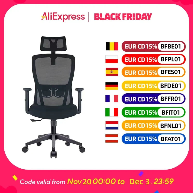 Silla de oficina ergonómica Durrafy, silla de escritorio con reposacabezas ajustable, reposabrazos y soporte lumbar, sillas giratorias de malla, color negro