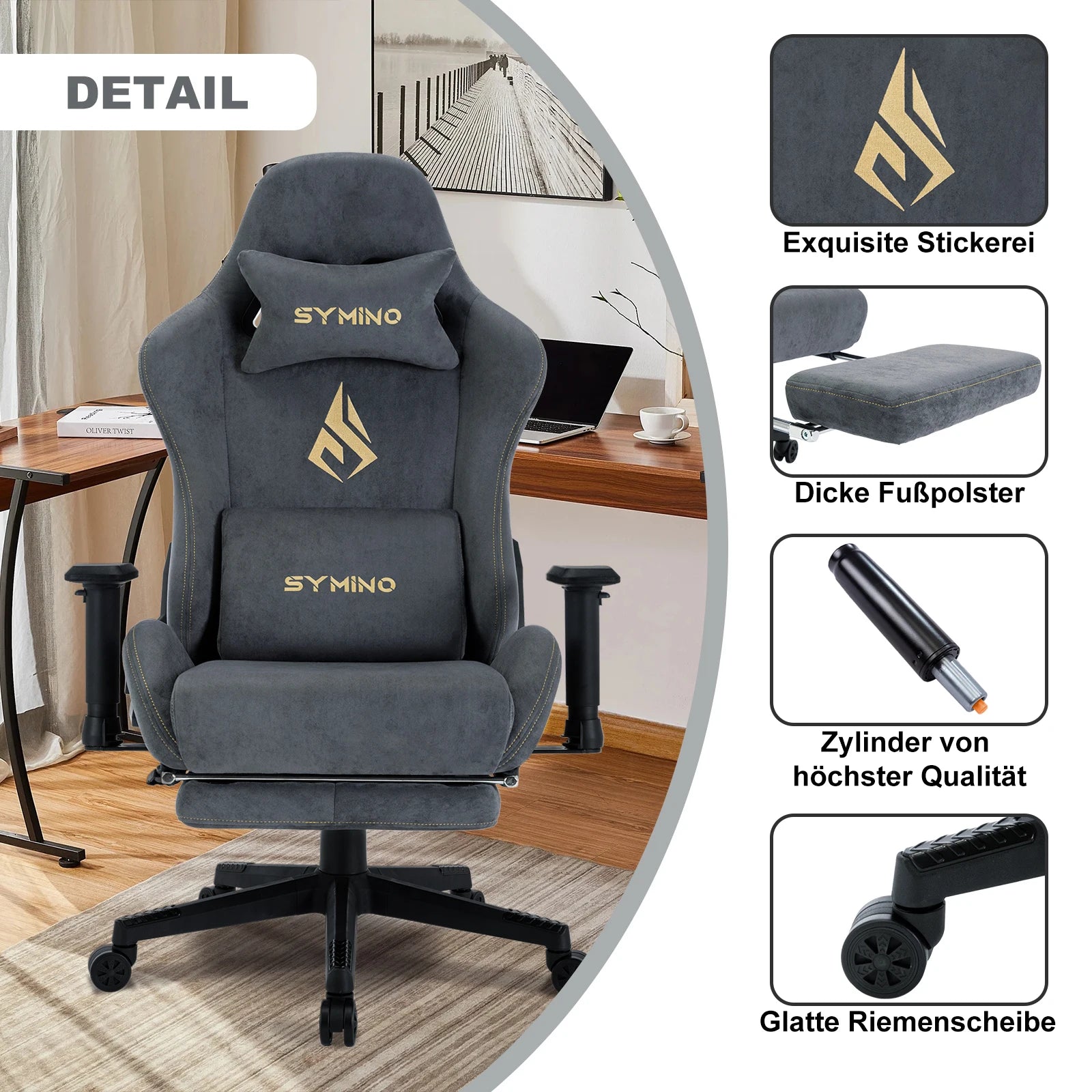 Silla ejecutiva para juegos Symino ergonómica con reposapiés y cojín lumbar ajustable.
