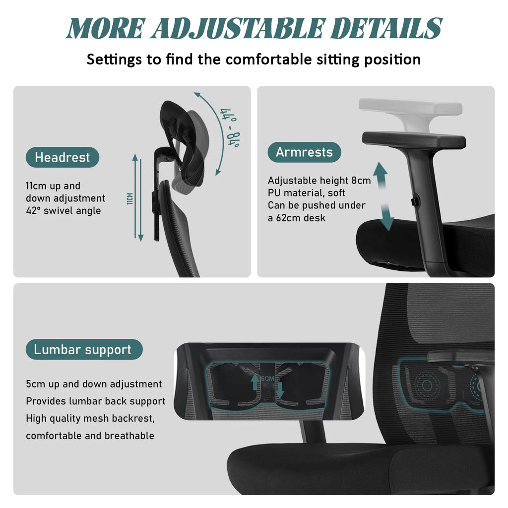 Silla de oficina ergonómica Durrafy, silla de escritorio con reposacabezas ajustable, reposabrazos y soporte lumbar, sillas giratorias de malla, color negro