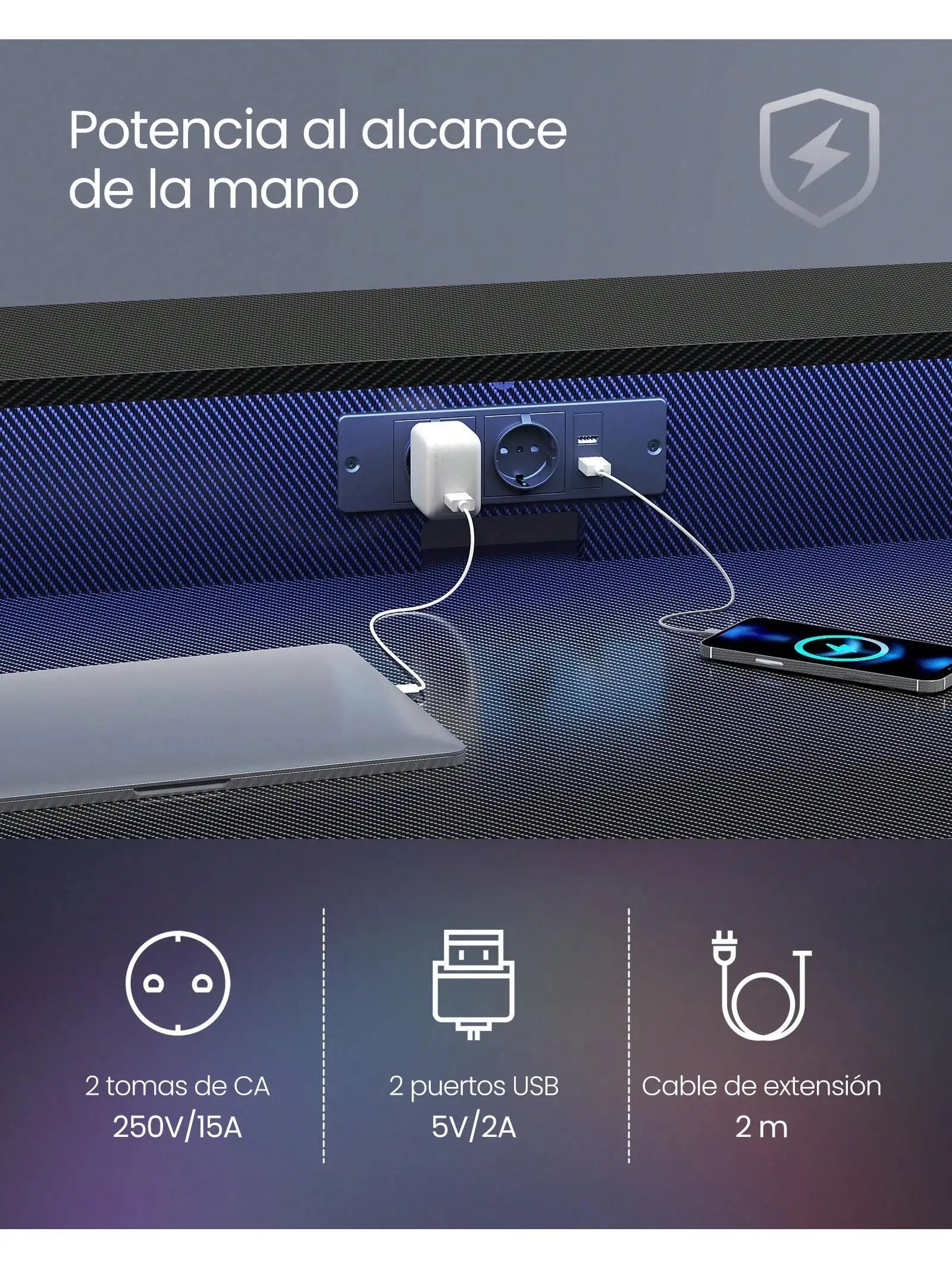 Escritorio para videojuegos VASAGLE: Luces LED, enchufes integrados. Estante para 2 monitores. Escritorio para oficina/dormitorio. 60 x 120 x 76 cm. Color negro carbón.