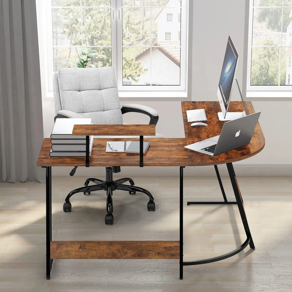 Escritorio de juego de esquina, 130 x 130 cm, en forma de L con soporte para monitor, para estudio, oficina, juegos y dormitorio (marrón)