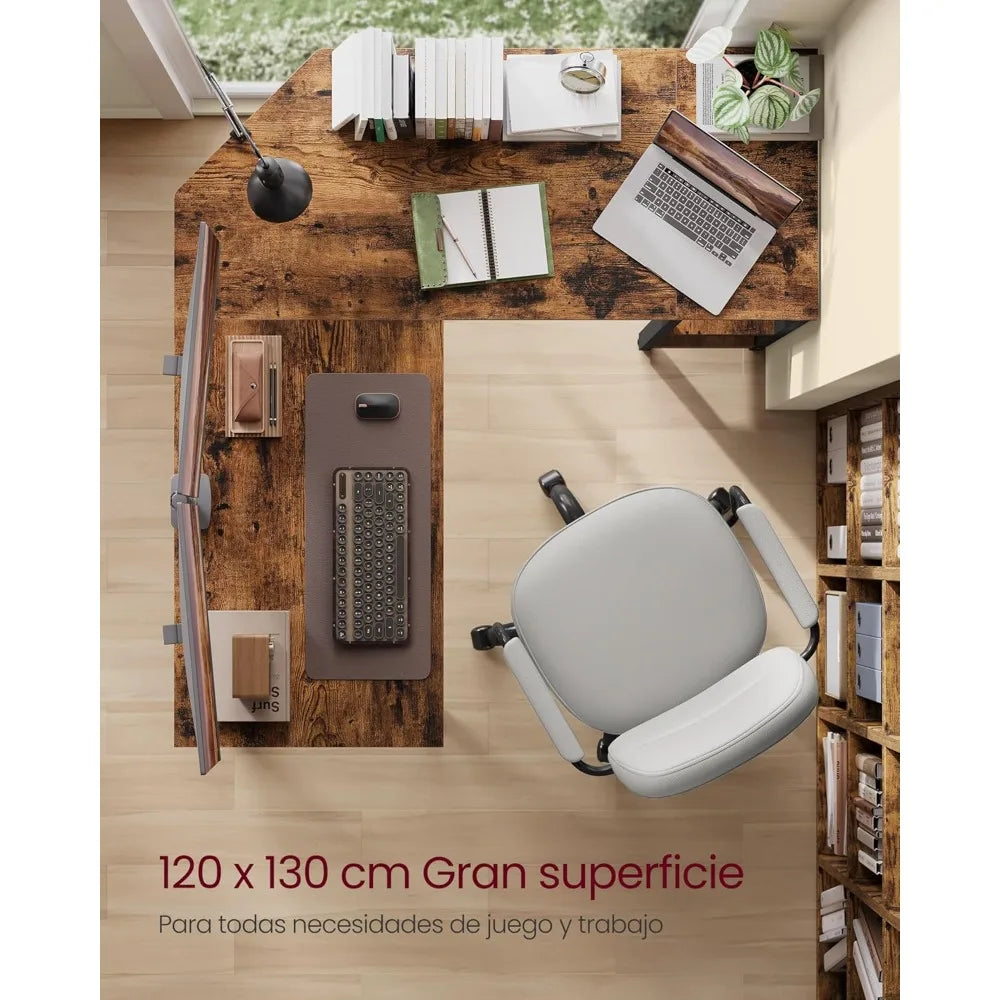 Escritorio de computadora en forma de L, 120 x 130 x 76 cm, esquinero con 2 estantes, ahorra espacio, para oficina, hogar y juegos, marrón rústico y negro