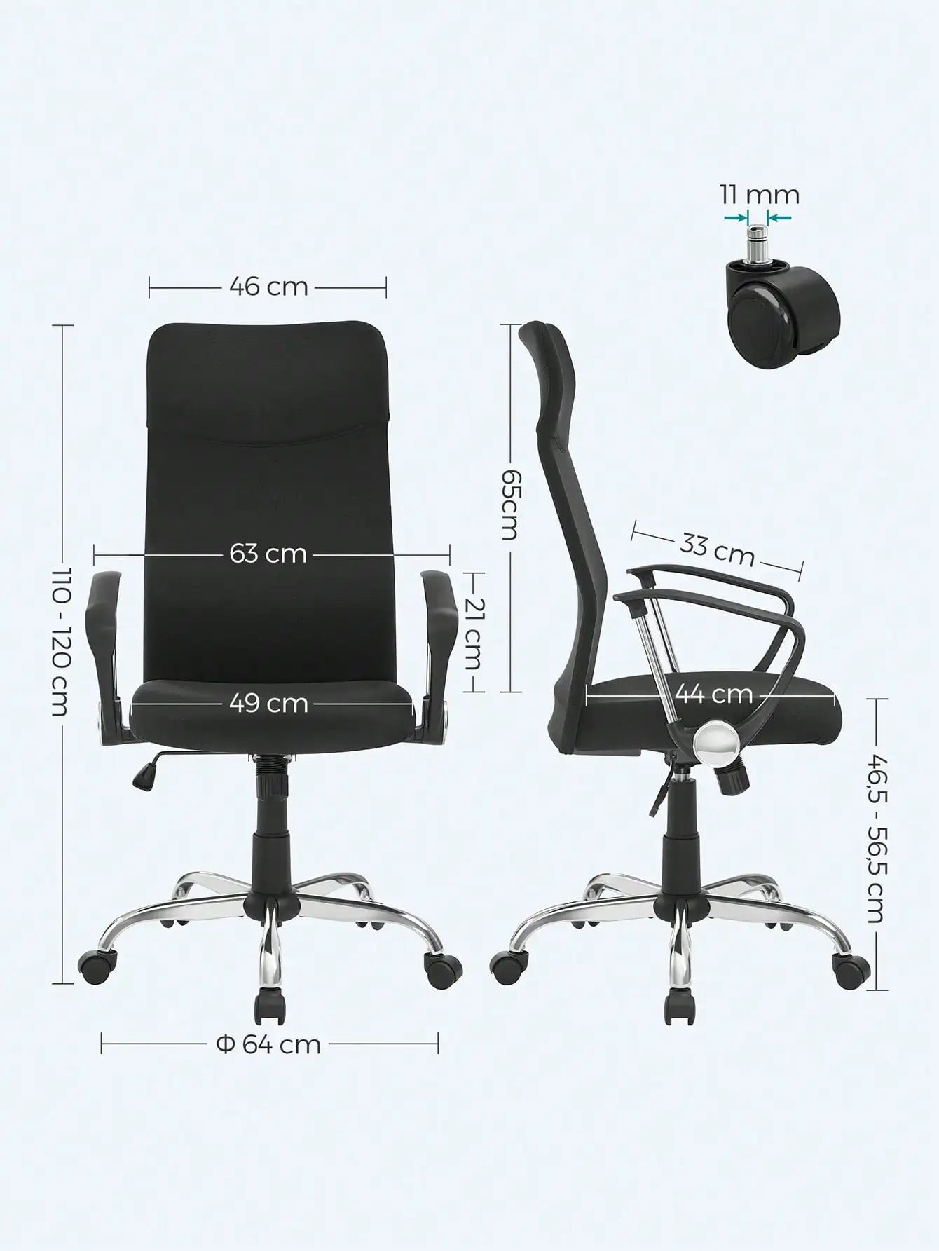 Silla de oficina SONGMICS, silla ergonómica de escritorio, silla giratoria, asiento tapizado, altura e inclinación ajustables, carga 120 kg, color negro tinta