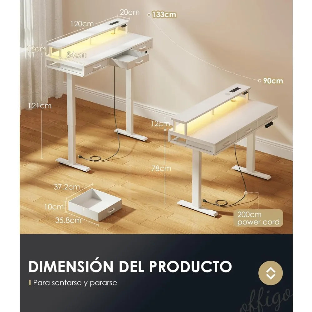 Oficina Elevable con Cajones 120cm Oficina Elevable con Soporte para Monitor Mesa Gaming con Carga y Luces L