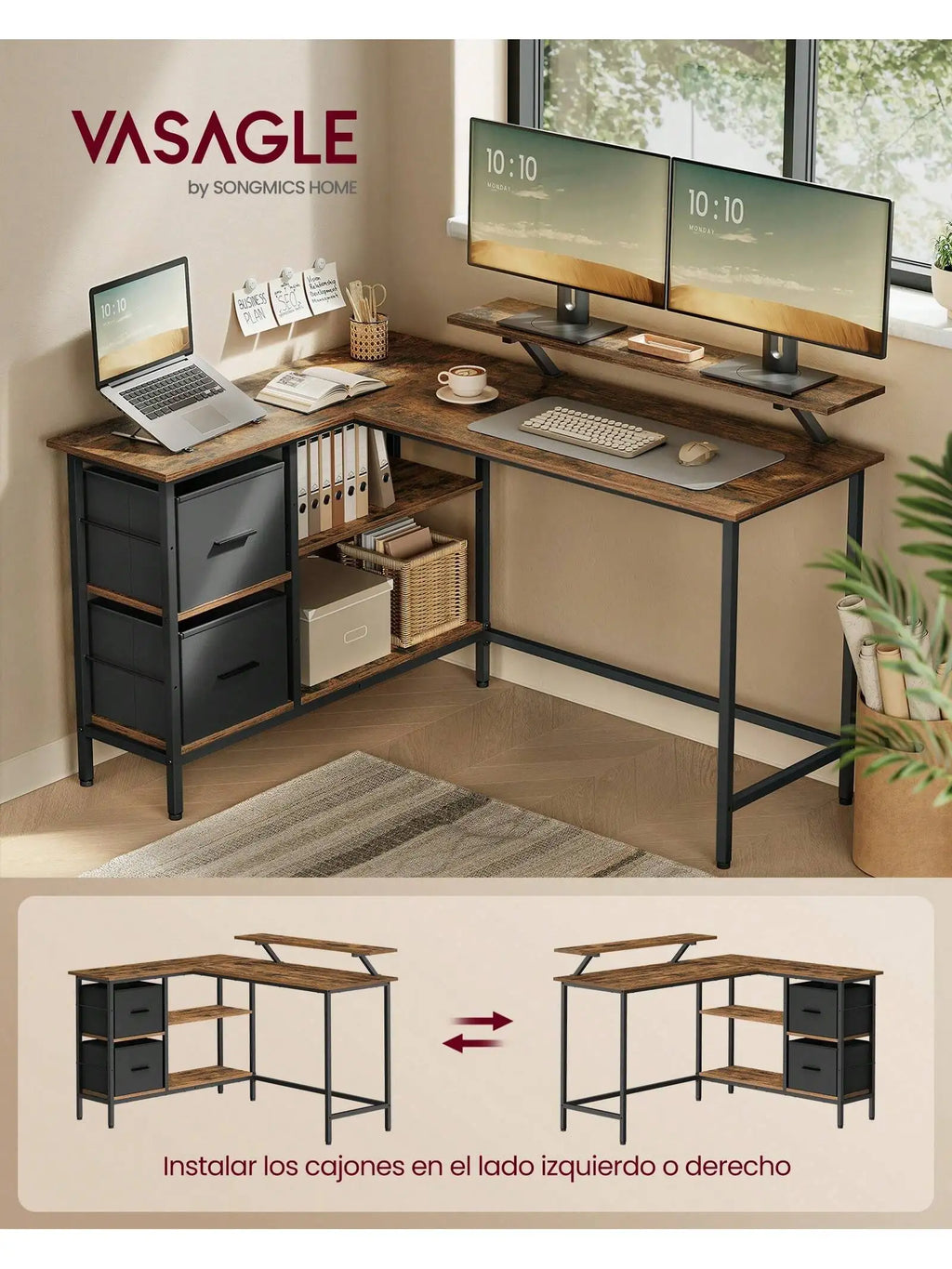 Escritorio VASAGLE en forma de L: 2 cajones, soporte para monitor. Escritorio esquinero/para videojuegos/computadora. Estante ajustable. Oficina en casa. Marrón rústico.