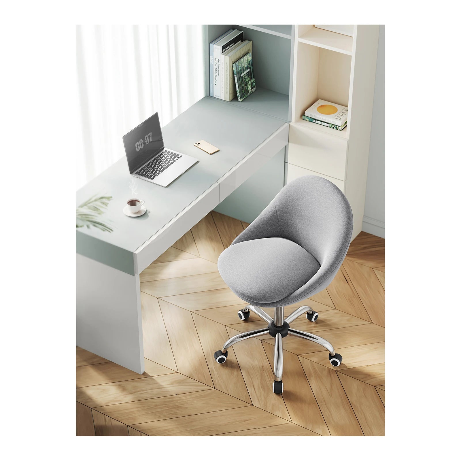 SONGMICS Silla de oficina para el hogar, giratoria de terciopelo, silla de escritorio, acolchada con espuma, altura ajustable, para estudio y dormitorio, gris paloma/azul