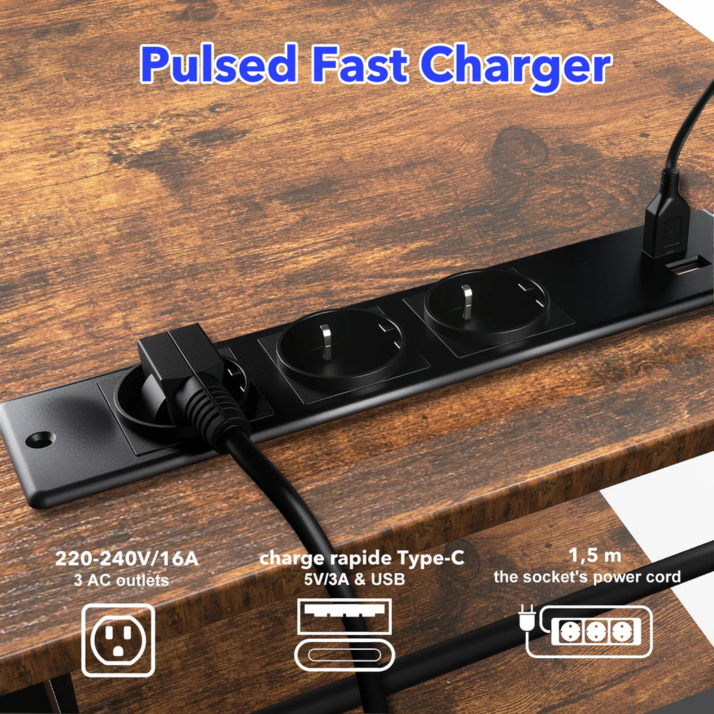 Escritorio de estilo industrial en forma de L, ajustable, 140/230 cm, con almacenamiento y enchufe integrado