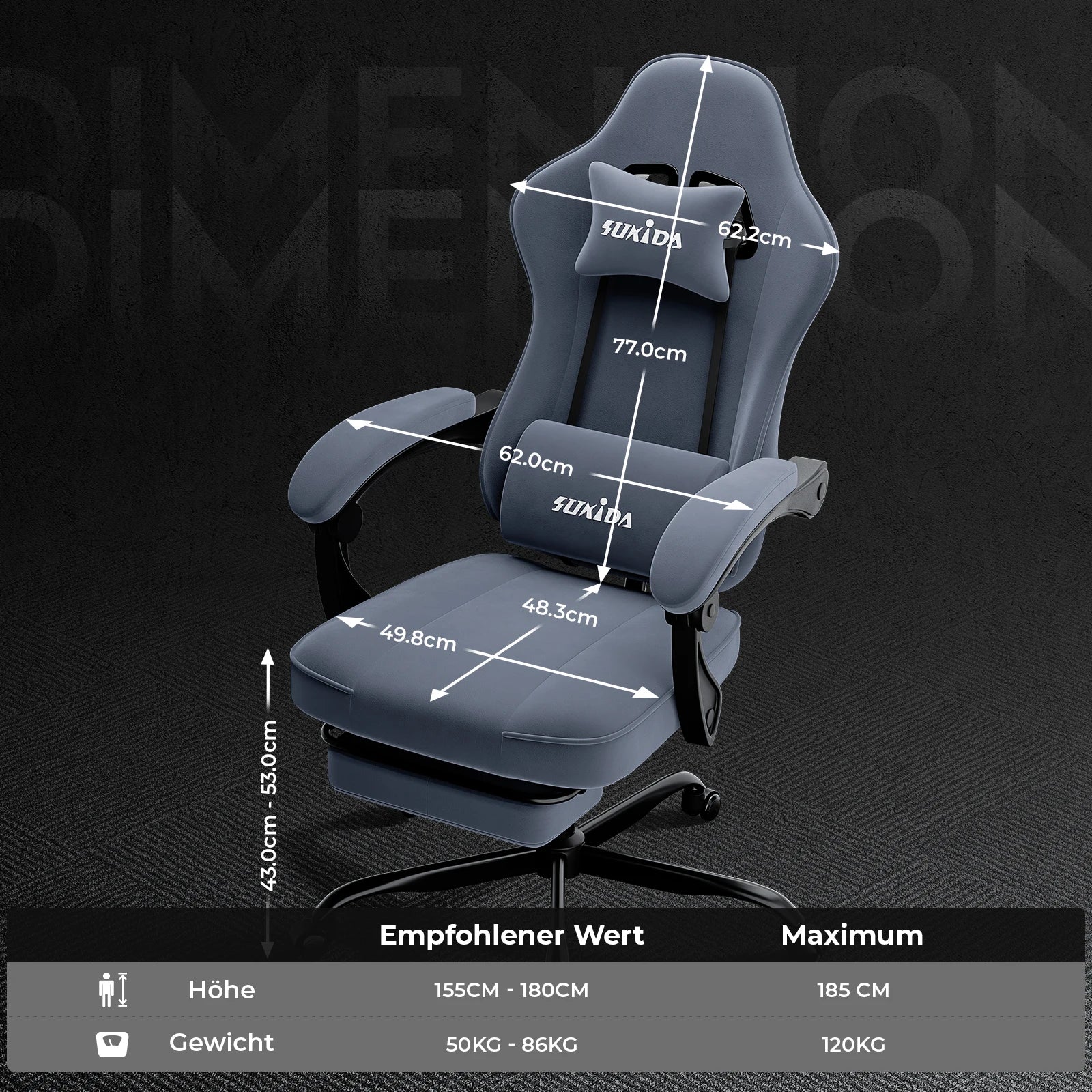 Silla gaming SUKIDA con reposapiés, diseño de carreras, silla de PC, silla ergonómica de oficina ajustable con soporte lumbar