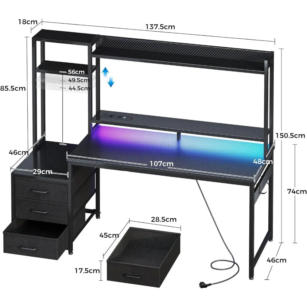 Escritorio para juegos con estante y cajones, escritorio para juegos con iluminación LED y toma de corriente, cajas para PC con estantes de almacenamiento (fibra de carbono)