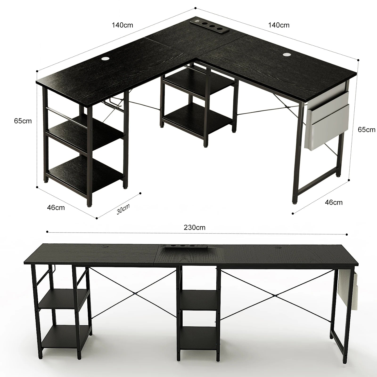 Escritorio de estilo industrial en forma de L, ajustable, 140/230 cm, con almacenamiento y enchufe integrado