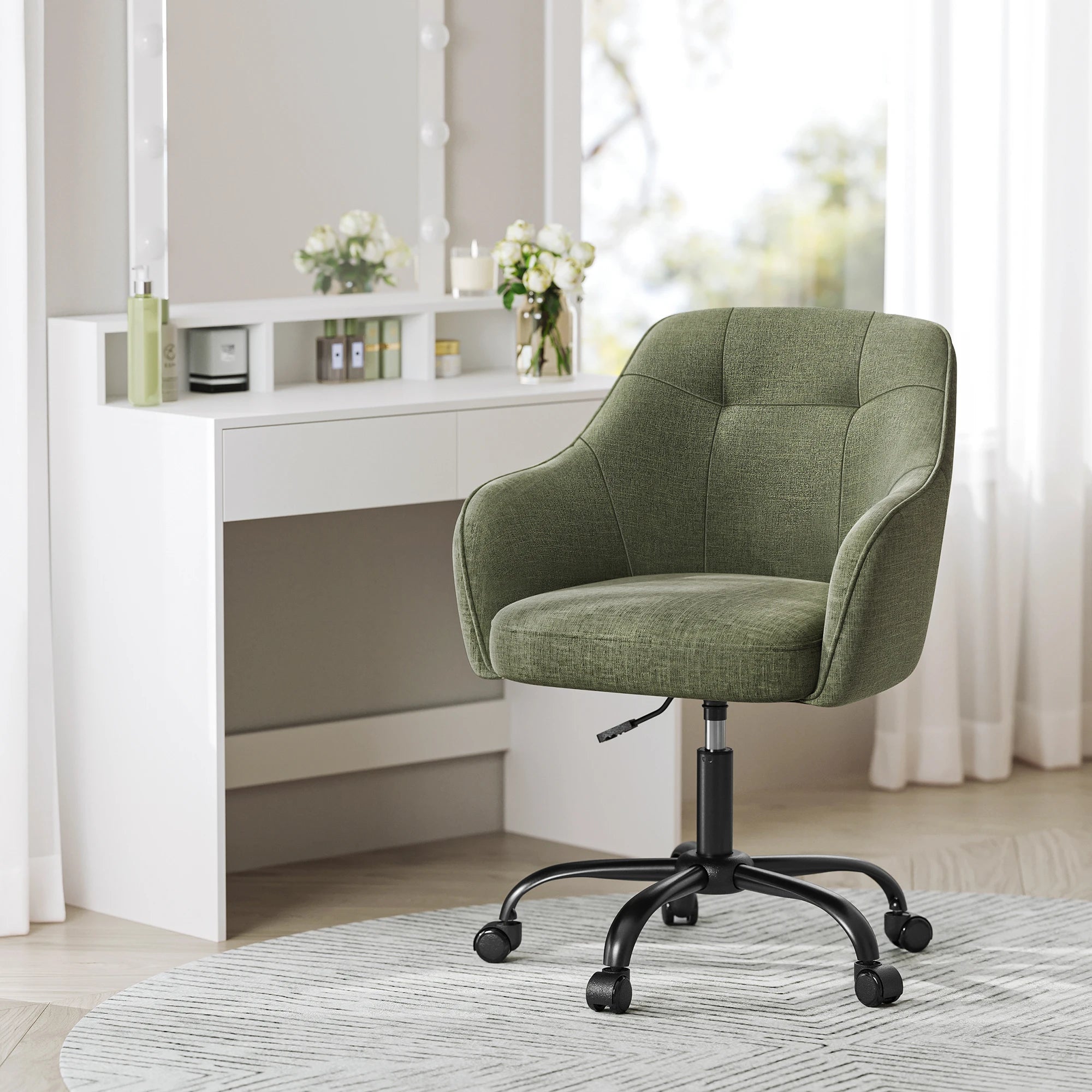 Silla de estudio SONGMICS, giratoria, altura ajustable, capacidad de carga de 110 kg, estructura de acero, tela transpirable de algodón y lino, ideal para estudio y dormitorio.