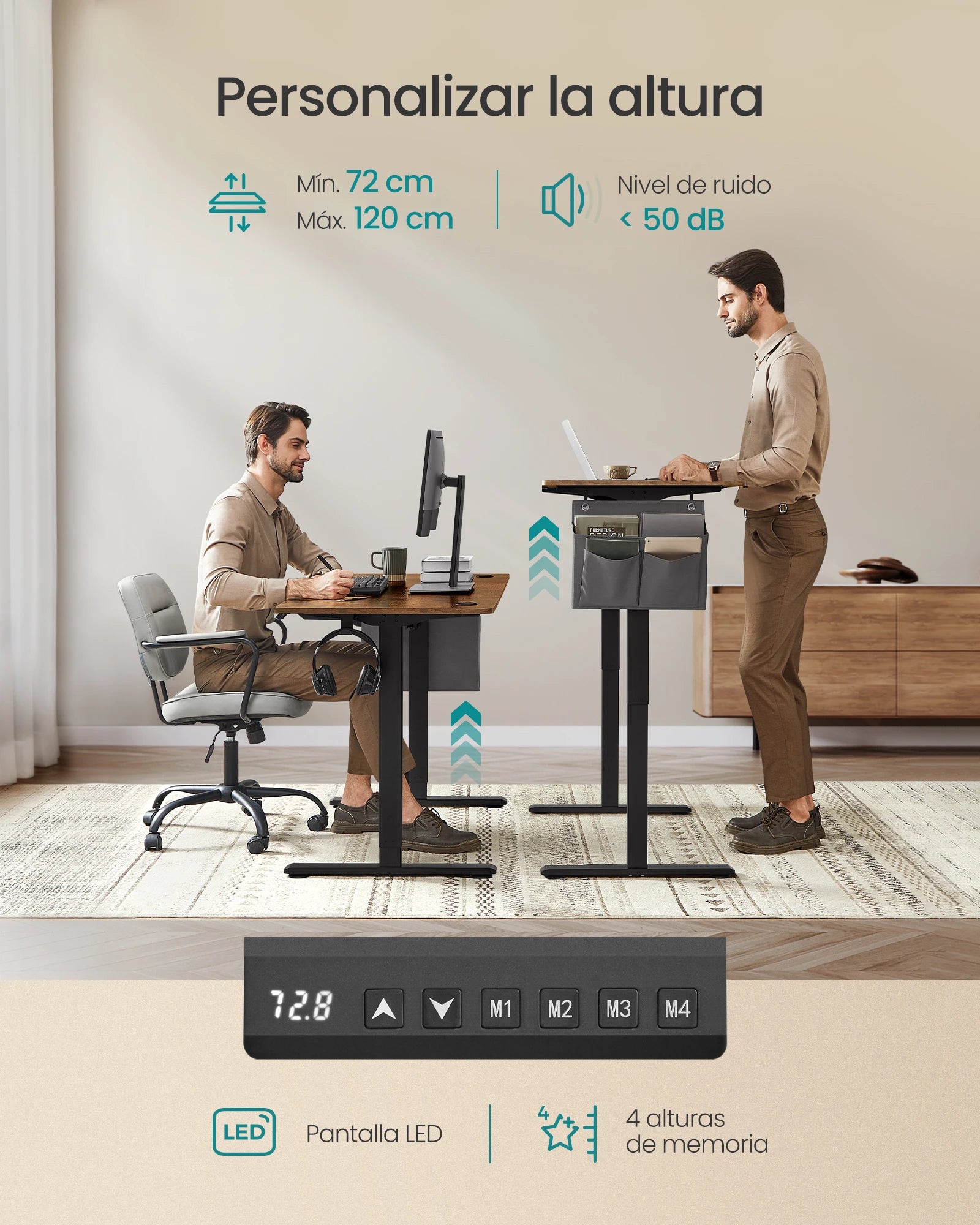 Mesa eléctrica de altura regulable, 160 x 70 cm, ajuste continuo, 4 niveles de memoria de altura, color marrón rústico