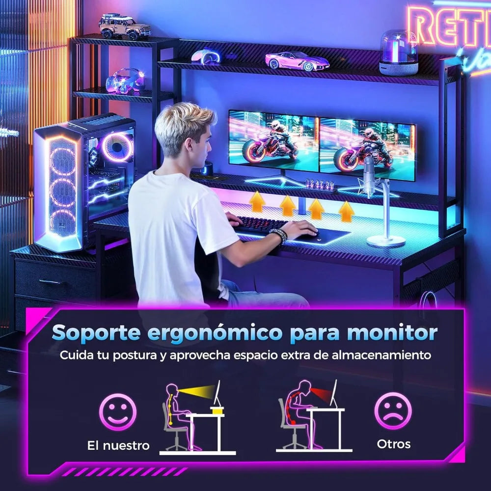 Escritorio para juegos con estante y cajones, escritorio para juegos con iluminación LED y toma de corriente, cajas para PC con estantes de almacenamiento (fibra de carbono)