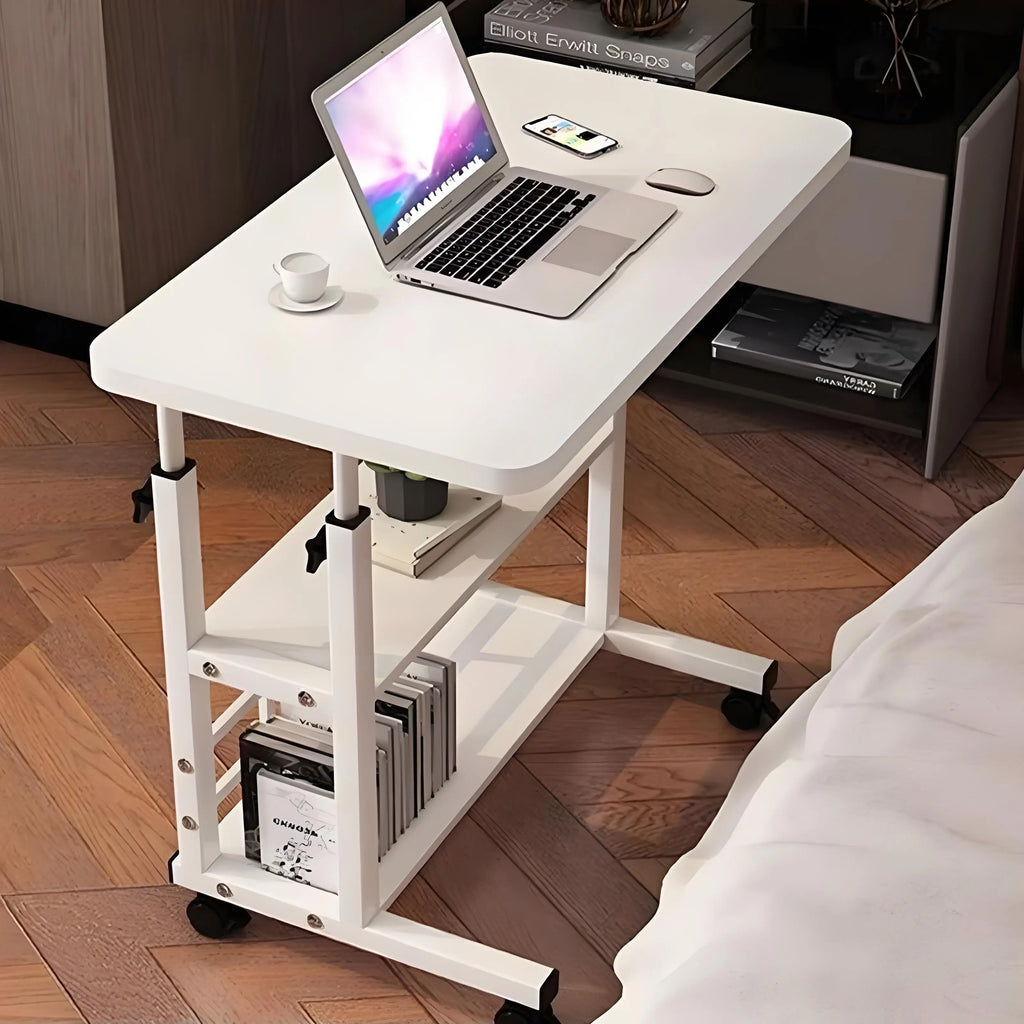 Escritorio de oficina de doble capa, mesita de noche móvil para computadora con estante de almacenamiento, portátil, blanco, mesa elevadora para dormitorio, muebles