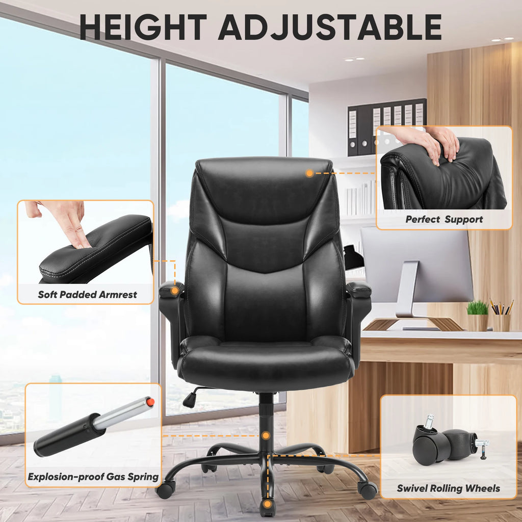 Silla ergonómica JHK con reposabrazos acolchado de cuero sintético y ruedas giratorias con soporte lumbar