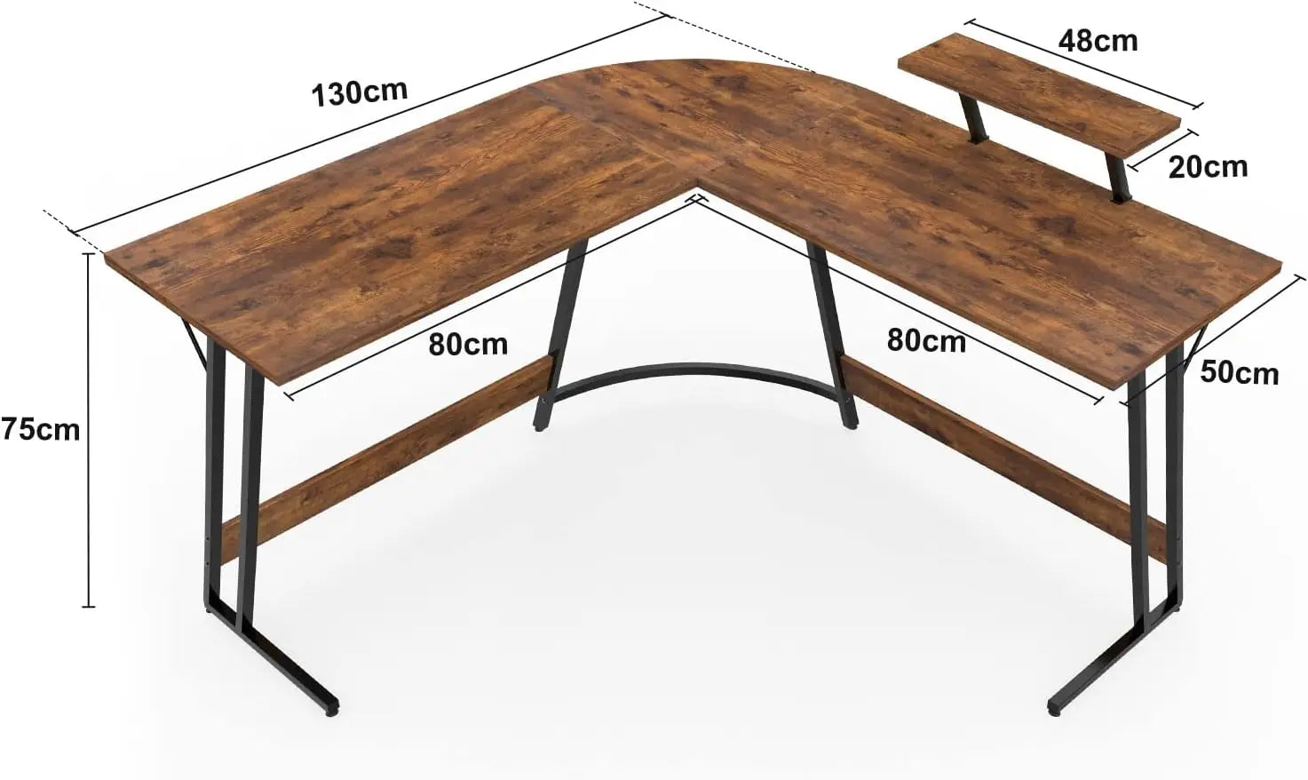 Escritorio de juego de esquina, 130 x 130 cm, en forma de L con soporte para monitor, para estudio, oficina, juegos y dormitorio (marrón)