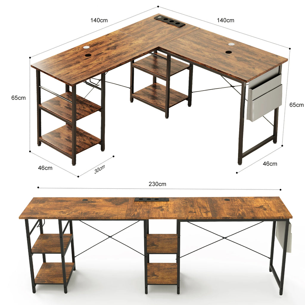 Escritorio de estilo industrial en forma de L, ajustable, 140/230 cm, con almacenamiento y enchufe integrado