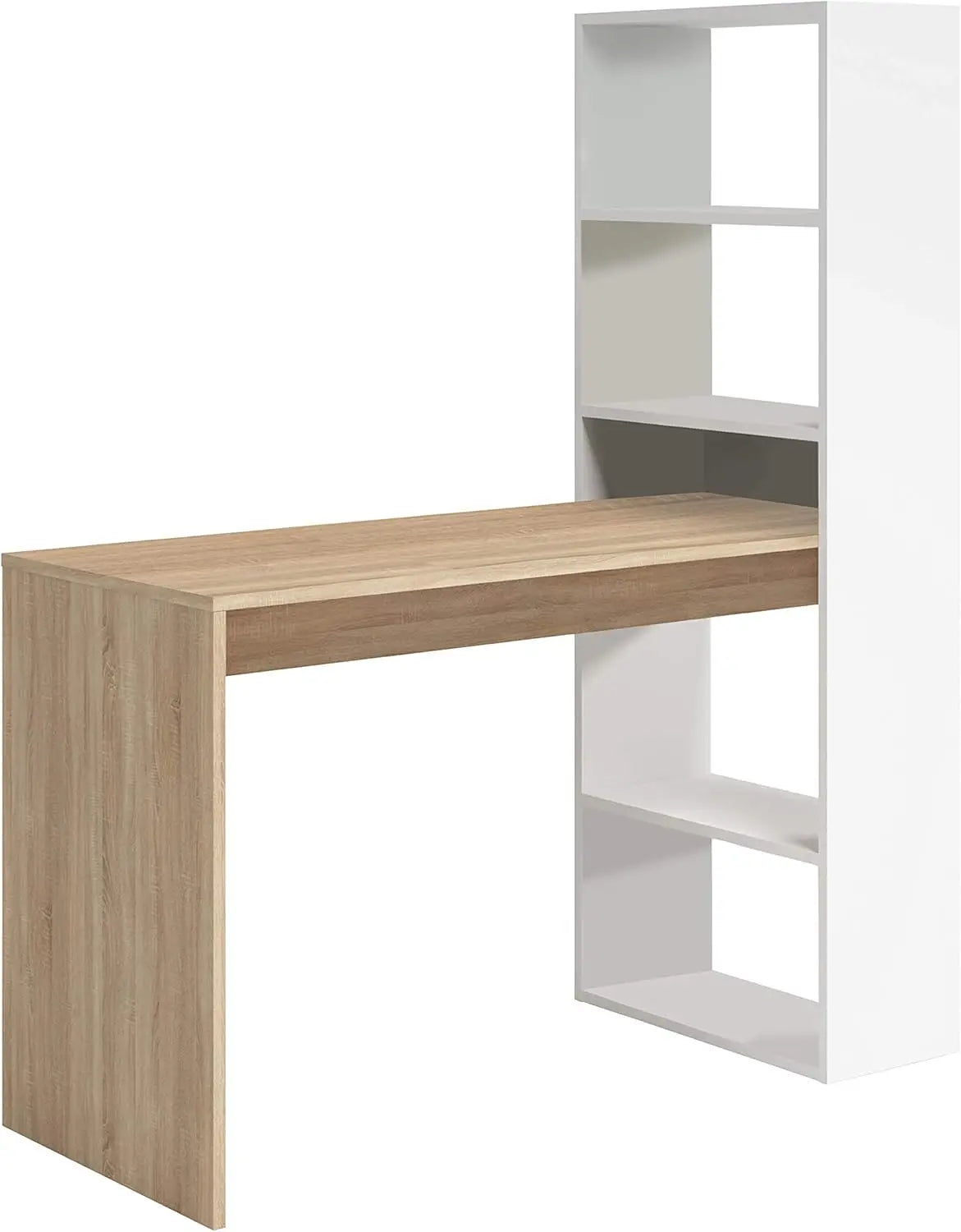 Oficina con Estante Reversible, Mesa Organizadora, Color Blanco Artik y Roble Canadiense, Modelo Doble, Medidas: 120 cm (Ancho) x