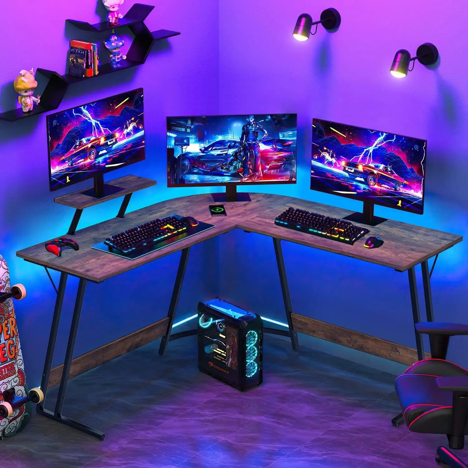 Escritorio de juego de esquina, 130 x 130 cm, en forma de L con soporte para monitor, para estudio, oficina, juegos y dormitorio (marrón)