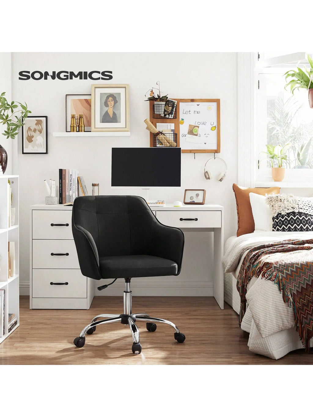 Silla de estudio SONGMICS, giratoria, altura ajustable, capacidad de carga de 110 kg, estructura de acero, tela transpirable de algodón y lino, ideal para estudio y dormitorio.