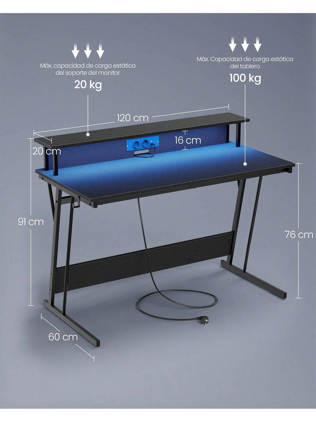 Escritorio para videojuegos VASAGLE: Luces LED, enchufes integrados. Estante para 2 monitores. Escritorio para oficina/dormitorio. 60 x 120 x 76 cm. Color negro carbón.