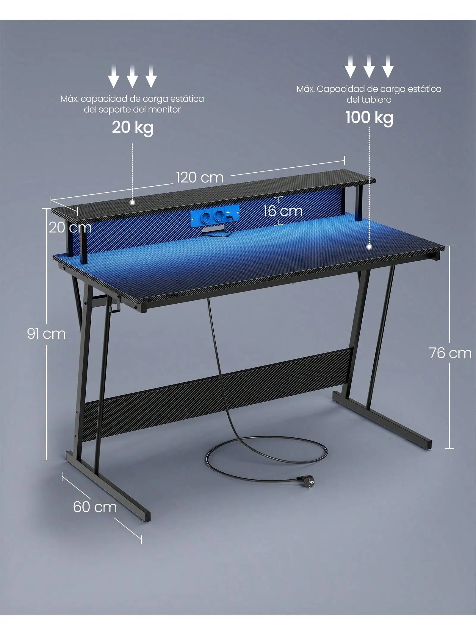 Escritorio para videojuegos VASAGLE: Luces LED, enchufes integrados. Estante para 2 monitores. Escritorio para oficina/dormitorio. 60 x 120 x 76 cm. Color negro carbón.