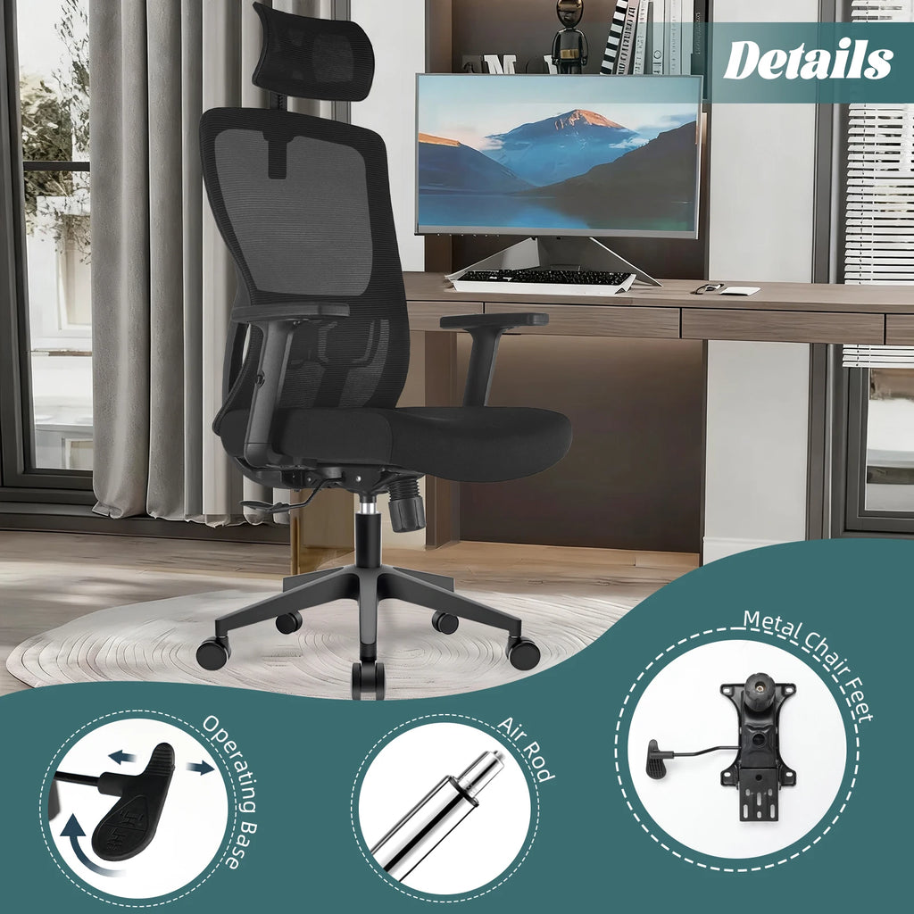 Silla de oficina ergonómica Durrafy, silla de escritorio con reposacabezas ajustable, reposabrazos y soporte lumbar, sillas giratorias de malla, color negro