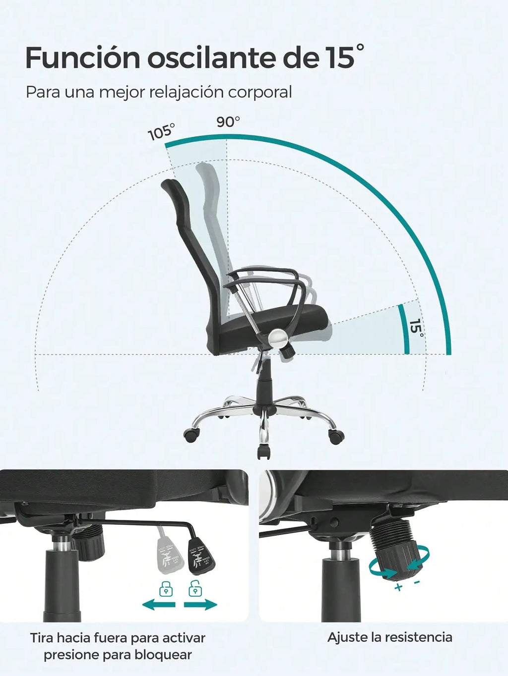 Silla de oficina SONGMICS, silla ergonómica de escritorio, silla giratoria, asiento tapizado, altura e inclinación ajustables, carga 120 kg, color negro tinta