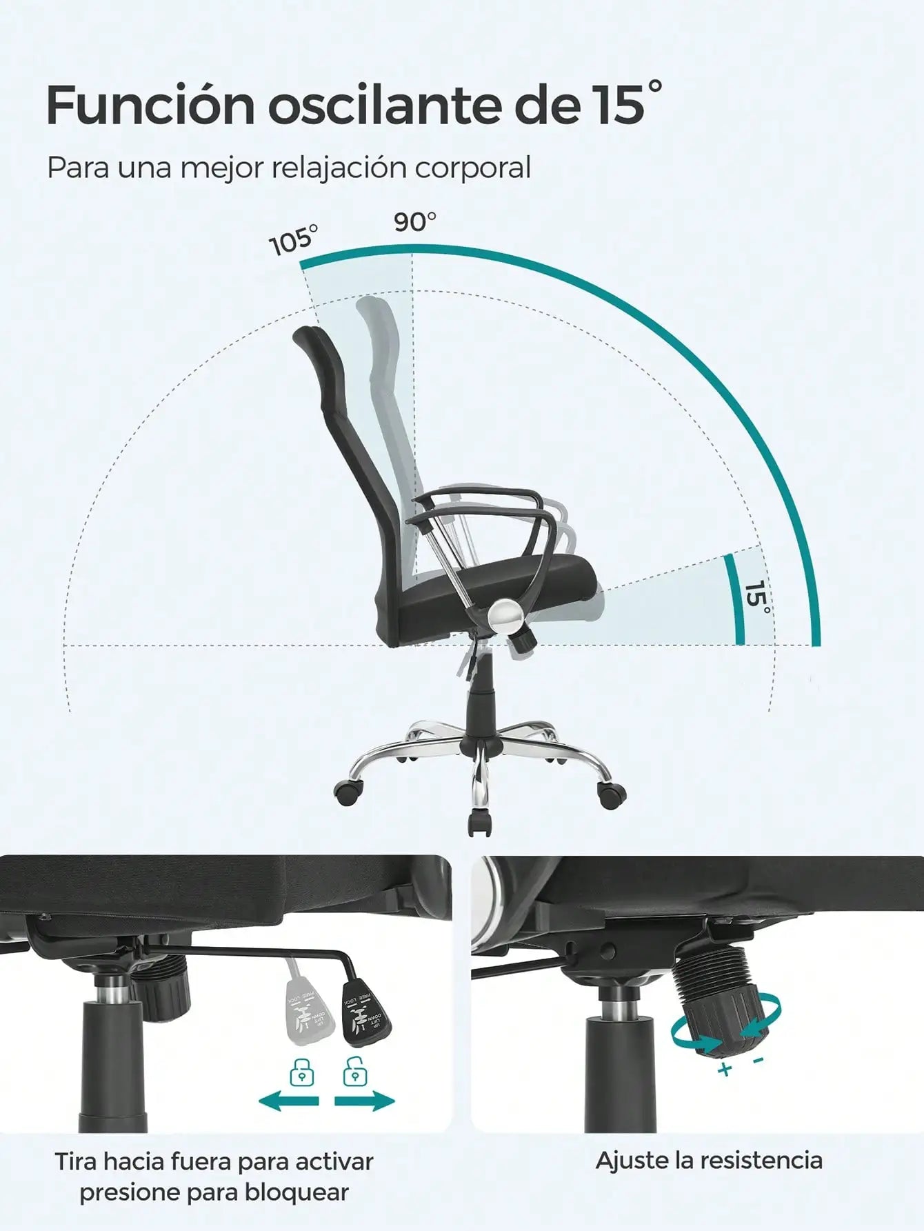 Silla de oficina SONGMICS, silla ergonómica de escritorio, silla giratoria, asiento tapizado, altura e inclinación ajustables, carga 120 kg, color negro tinta