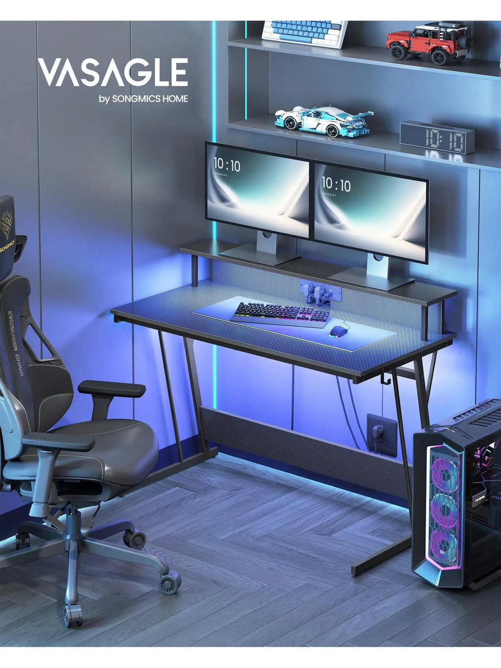 Escritorio para videojuegos VASAGLE: Luces LED, enchufes integrados. Estante para 2 monitores. Escritorio para oficina/dormitorio. 60 x 120 x 76 cm. Color negro carbón.