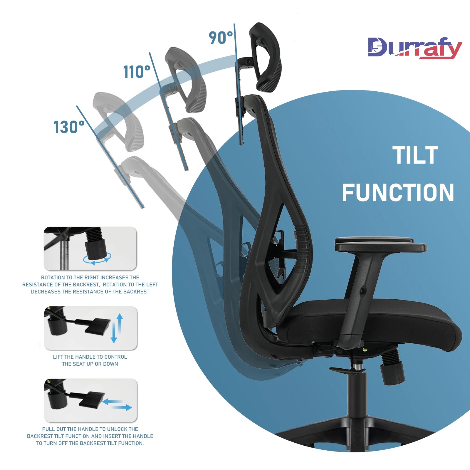 Silla de oficina ergonómica Durrafy con reposacabezas y reposabrazos ajustables, capacidad de carga de 150 kg.