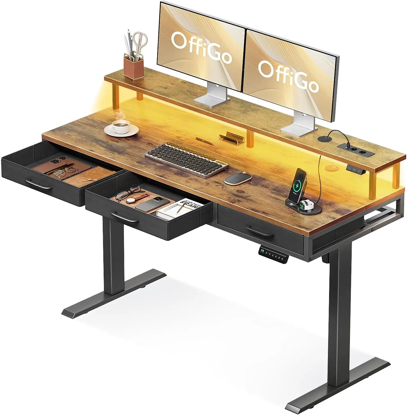 Oficina Elevable con Cajones 120cm Oficina Elevable con Soporte para Monitor Mesa Gaming con Carga y Luces L