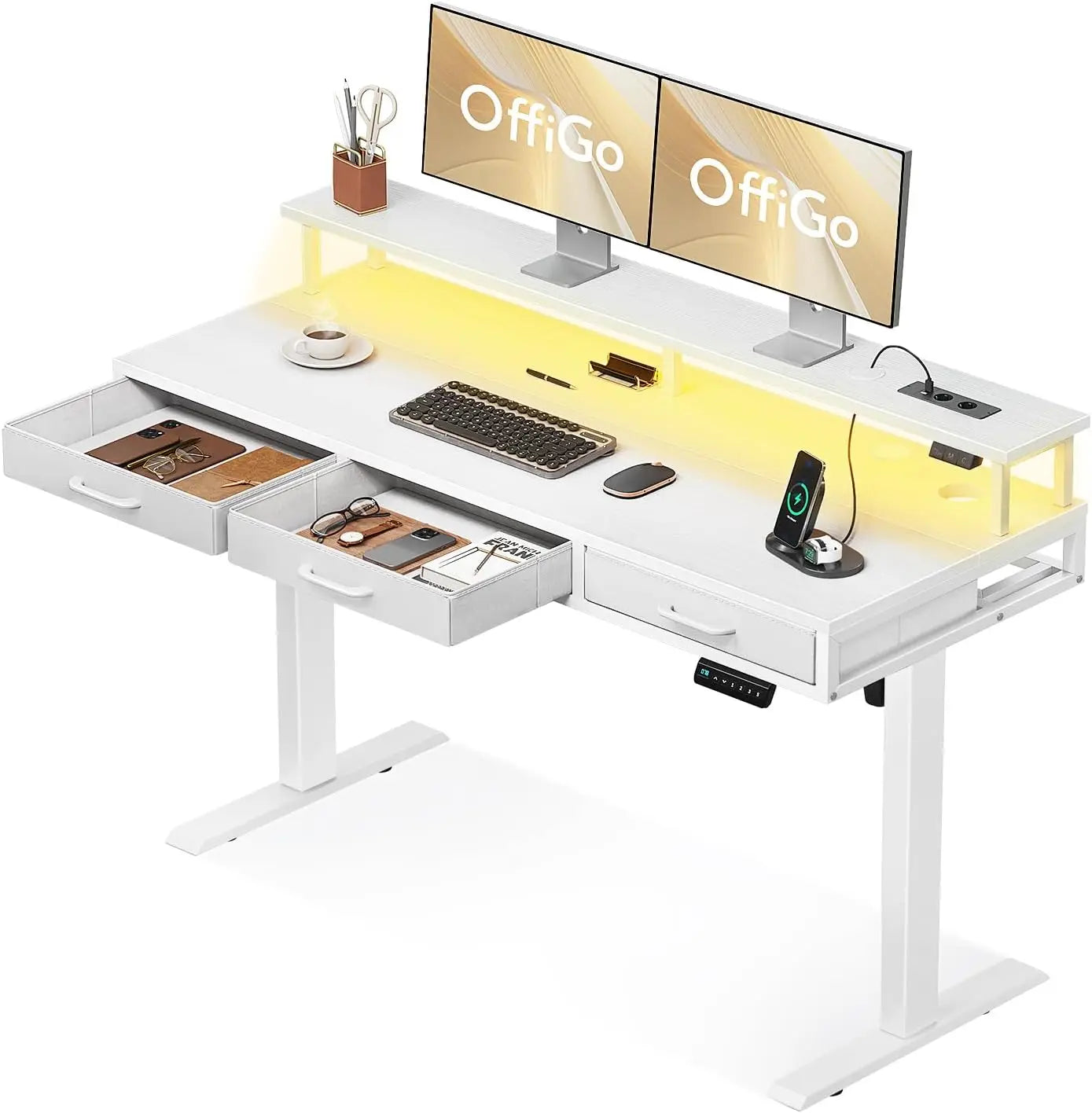 Oficina Elevable con Cajones 120cm Oficina Elevable con Soporte para Monitor Mesa Gaming con Carga y Luces L