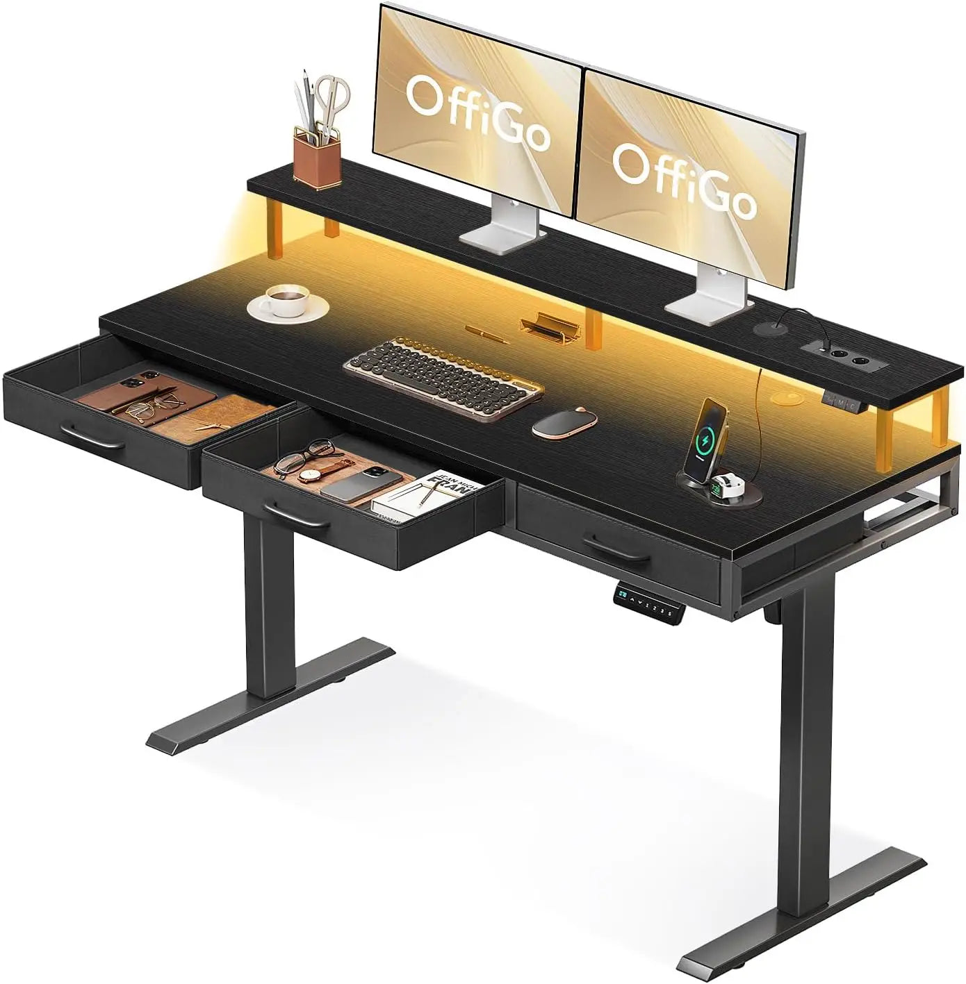 Oficina Elevable con Cajones 120cm Oficina Elevable con Soporte para Monitor Mesa Gaming con Carga y Luces L