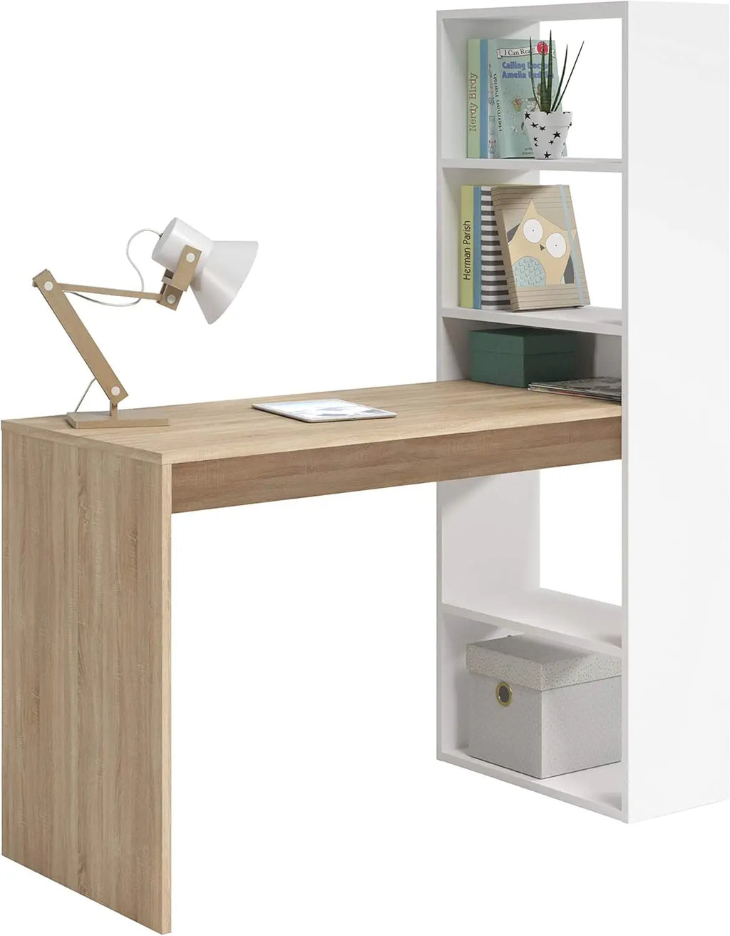 Oficina con Estante Reversible, Mesa Organizadora, Color Blanco Artik y Roble Canadiense, Modelo Doble, Medidas: 120 cm (Ancho) x