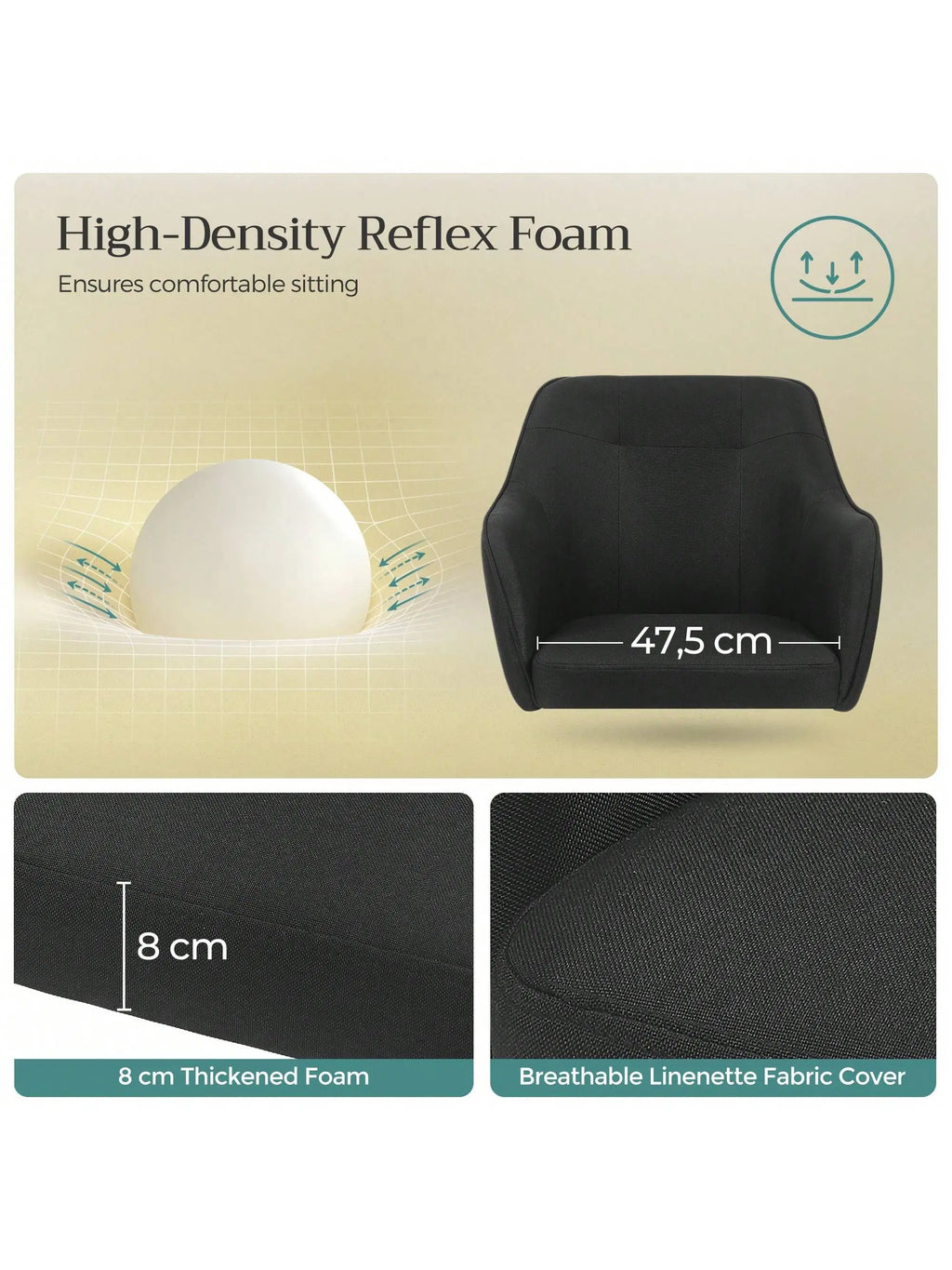 Silla de estudio SONGMICS, giratoria, altura ajustable, capacidad de carga de 110 kg, estructura de acero, tela transpirable de algodón y lino, ideal para estudio y dormitorio.