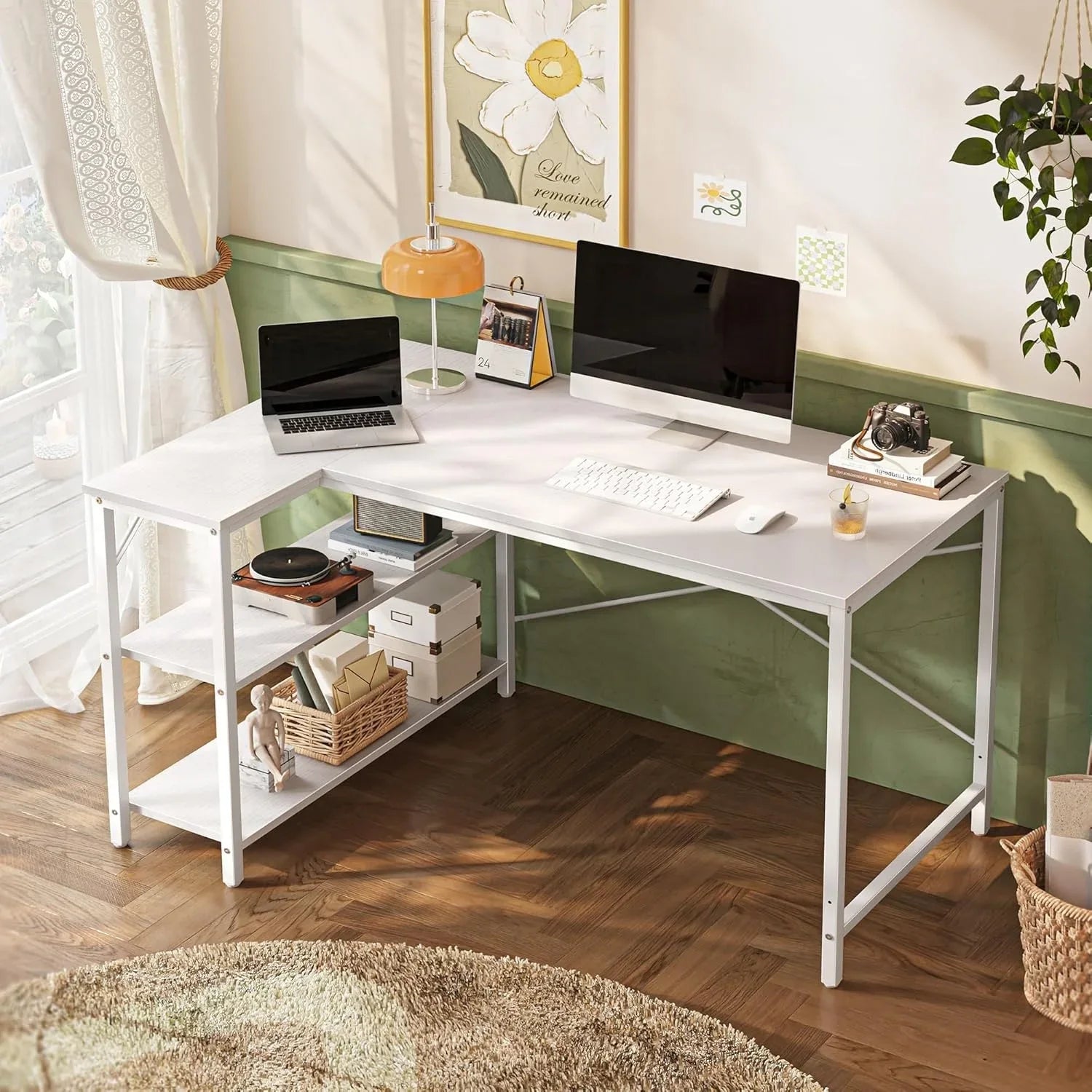 Escritorio de computadora en forma de L de madera con estantes abiertos, escritorio de estudio de 120 cm para sala de estudio, dormitorio, oficina en casa, color blanco