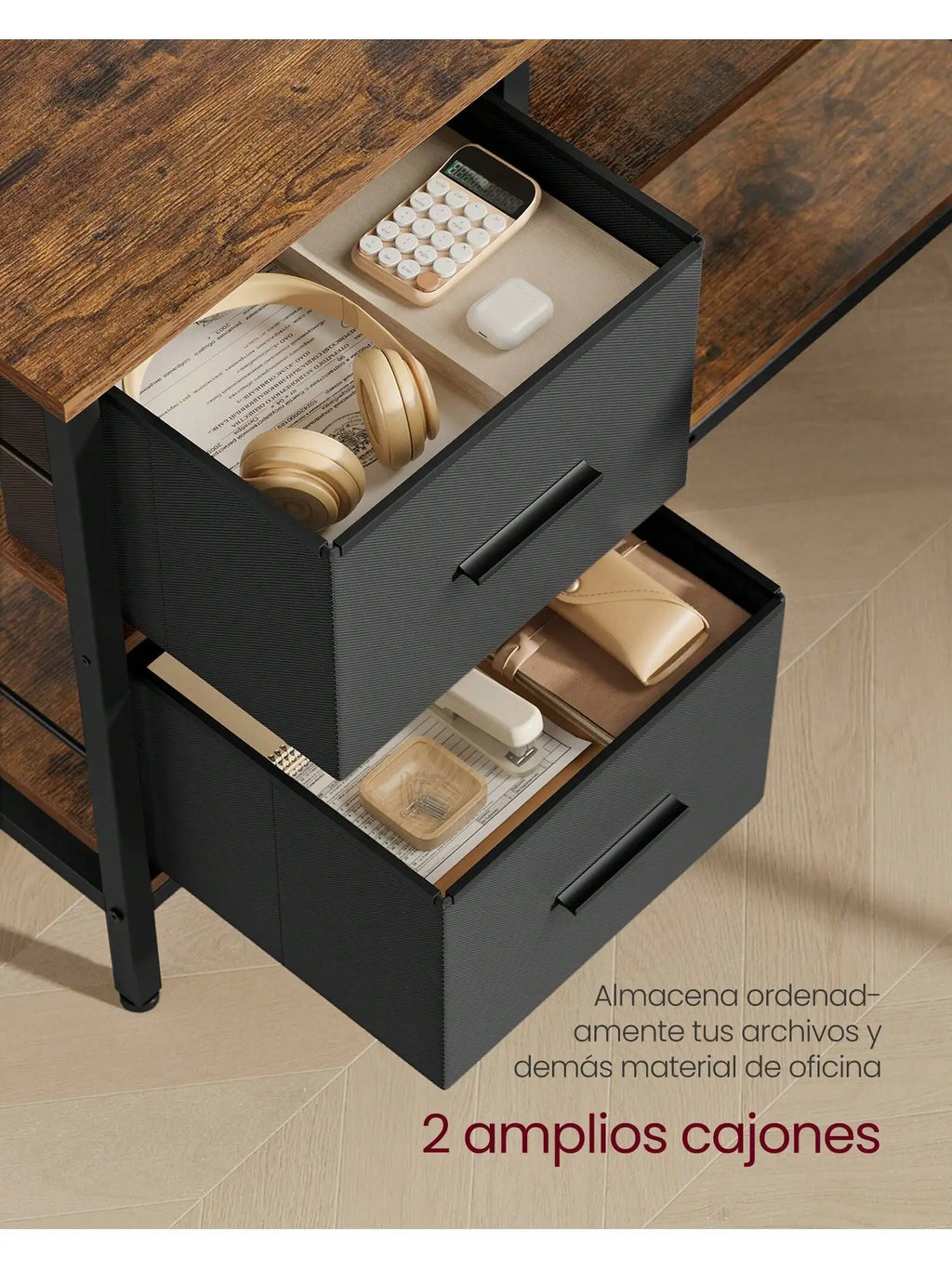 Escritorio VASAGLE en forma de L: 2 cajones, soporte para monitor. Escritorio esquinero/para videojuegos/computadora. Estante ajustable. Oficina en casa. Marrón rústico.