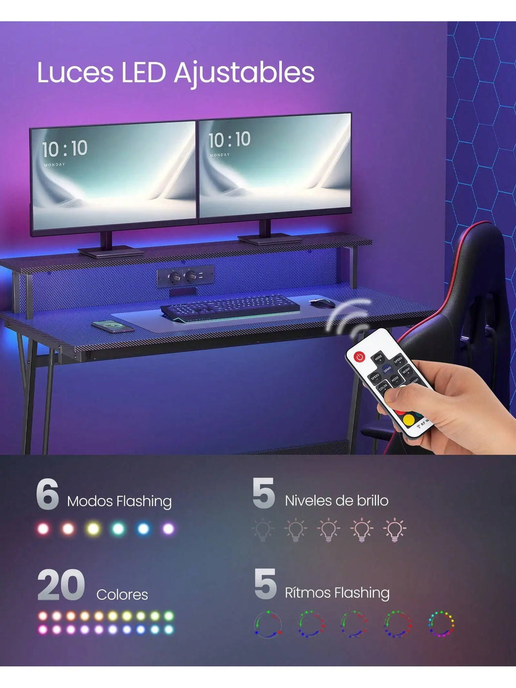 Escritorio para videojuegos VASAGLE: Luces LED, enchufes integrados. Estante para 2 monitores. Escritorio para oficina/dormitorio. 60 x 120 x 76 cm. Color negro carbón.