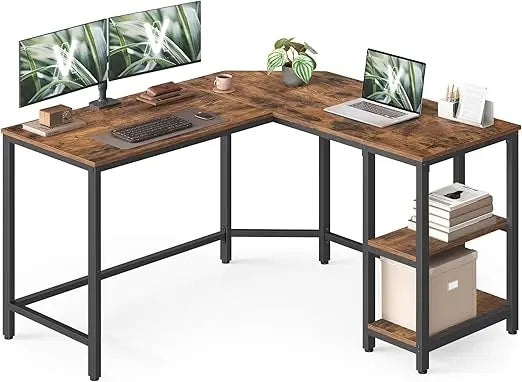 Escritorio de computadora en forma de L, 120 x 130 x 76 cm, esquinero con 2 estantes, ahorra espacio, para oficina, hogar y juegos, marrón rústico y negro