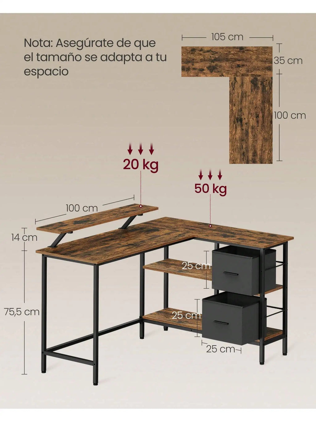 Escritorio VASAGLE en forma de L: 2 cajones, soporte para monitor. Escritorio esquinero/para videojuegos/computadora. Estante ajustable. Oficina en casa. Marrón rústico.