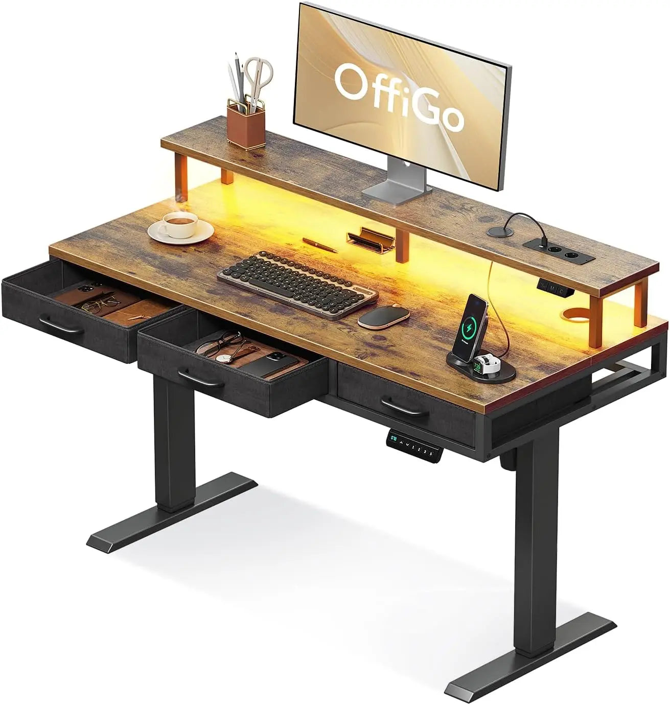 Oficina Elevable con Cajones 120cm Oficina Elevable con Soporte para Monitor Mesa Gaming con Carga y Luces L