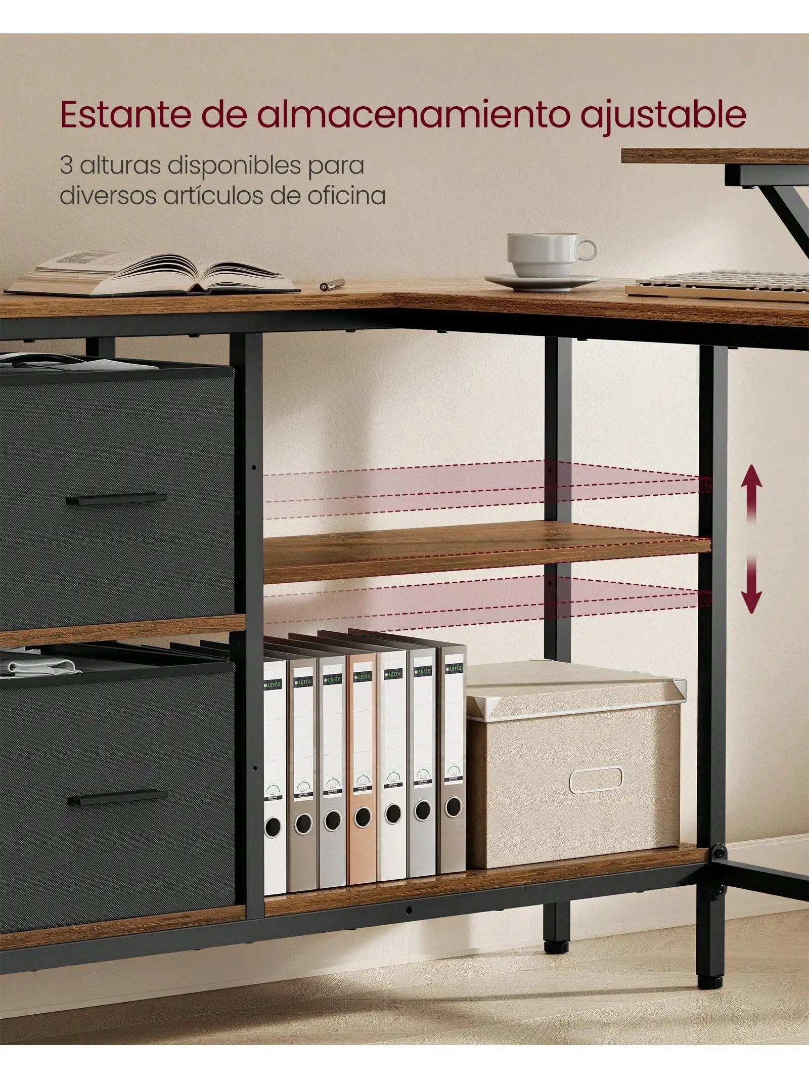 Escritorio VASAGLE en forma de L: 2 cajones, soporte para monitor. Escritorio esquinero/para videojuegos/computadora. Estante ajustable. Oficina en casa. Marrón rústico.
