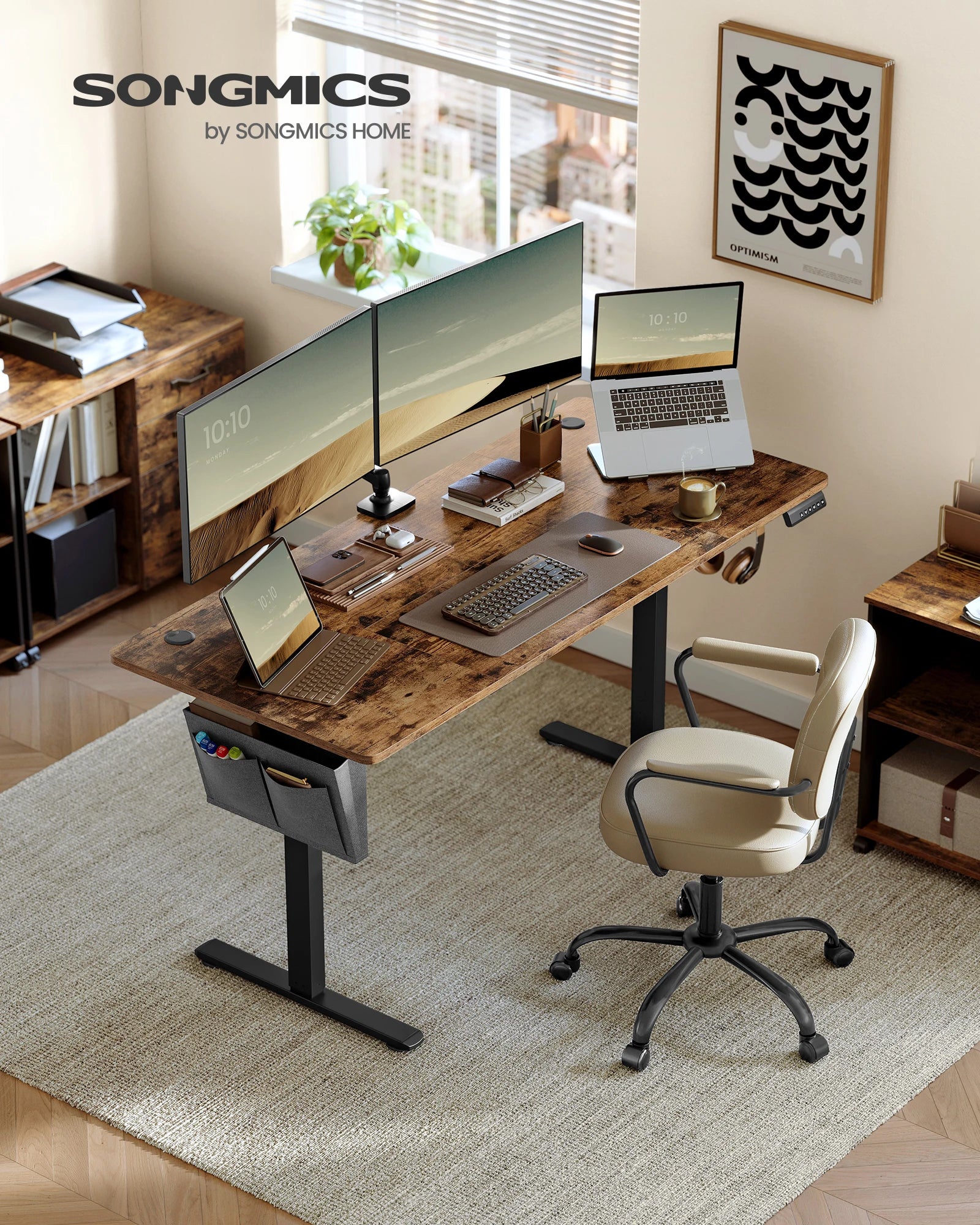 Mesa eléctrica de altura regulable, 160 x 70 cm, ajuste continuo, 4 niveles de memoria de altura, color marrón rústico