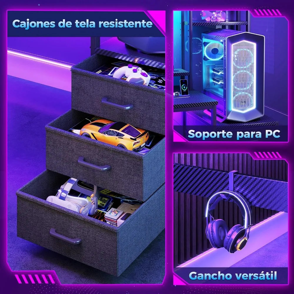 Escritorio para juegos con estante y cajones, escritorio para juegos con iluminación LED y toma de corriente, cajas para PC con estantes de almacenamiento (fibra de carbono)