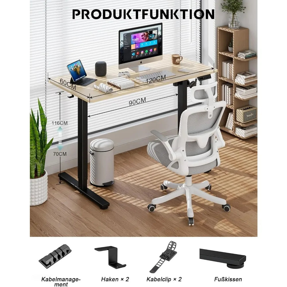 Escritorio Eléctrico elevable, Altura Ajustable, 120 - 60 cm, Función Memoria de Posición, con gestión de Cables y Ganchos.