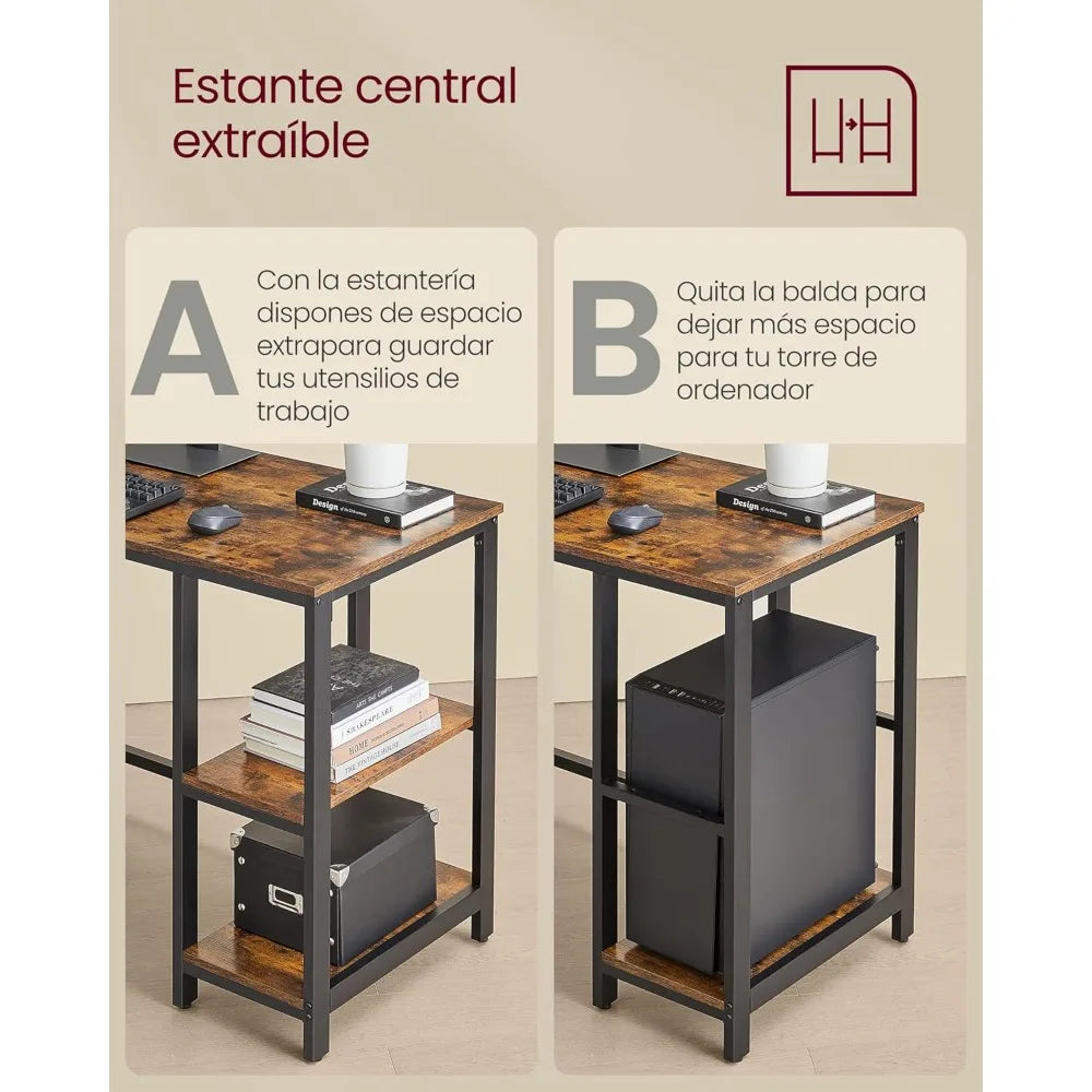 Escritorio de computadora en forma de L, 120 x 130 x 76 cm, esquinero con 2 estantes, ahorra espacio, para oficina, hogar y juegos, marrón rústico y negro