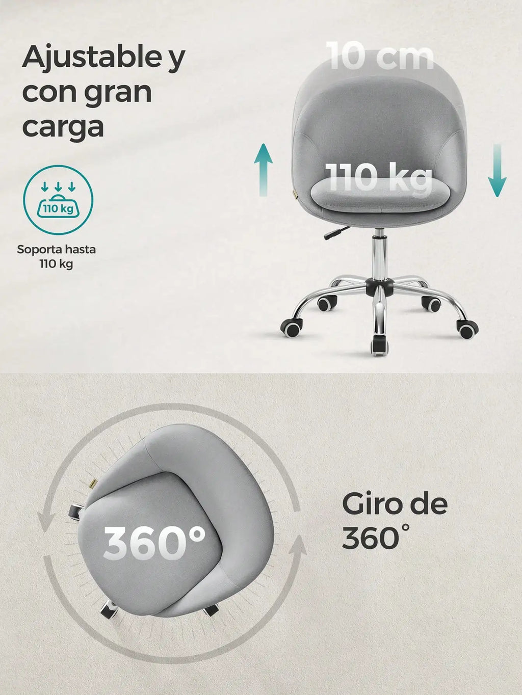 SONGMICS Silla de oficina para el hogar, giratoria de terciopelo, silla de escritorio, acolchada con espuma, altura ajustable, para estudio y dormitorio, gris paloma/azul