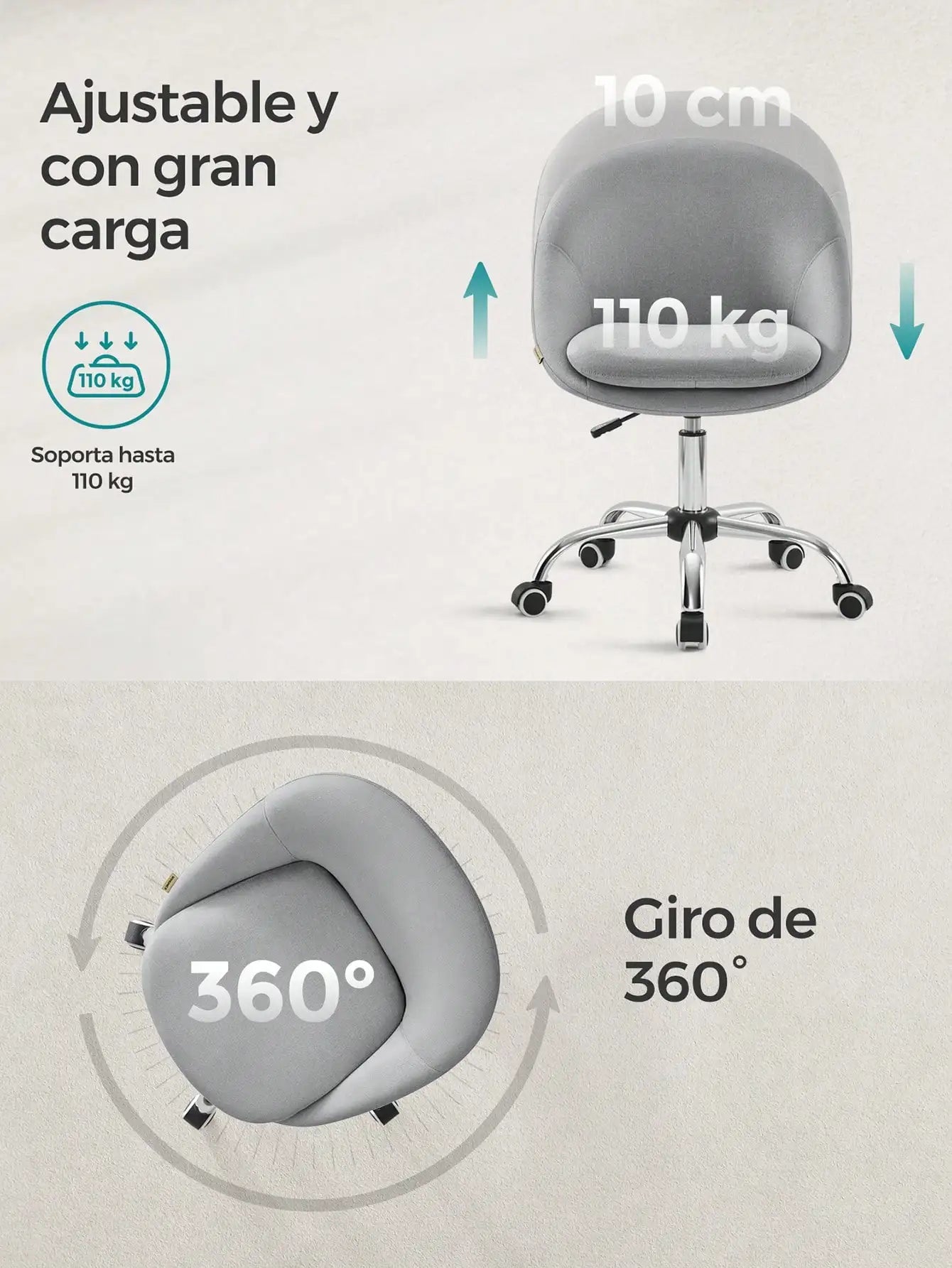 SONGMICS Silla de oficina para el hogar, giratoria de terciopelo, silla de escritorio, acolchada con espuma, altura ajustable, para estudio y dormitorio, gris paloma/azul